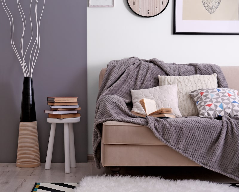 Comfortable-looking couch with blanket, pillows, and books on it